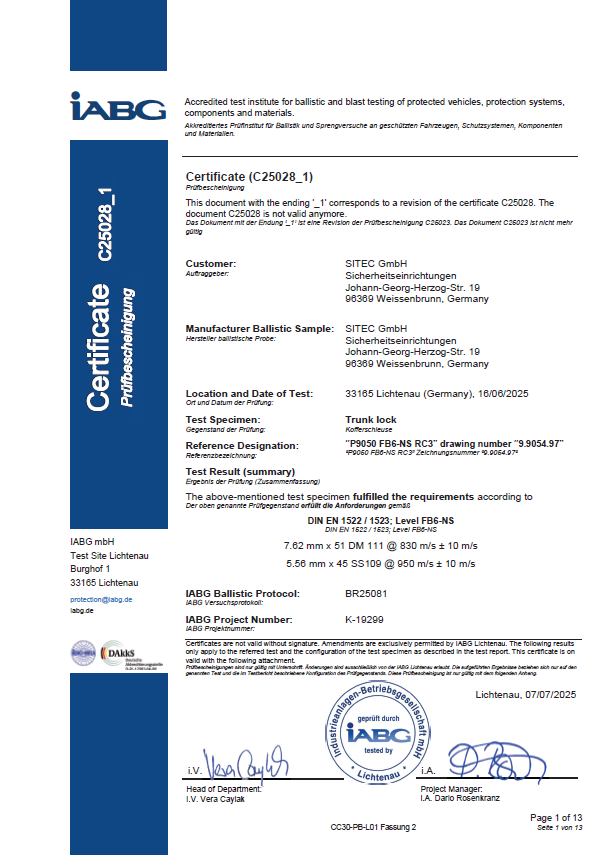 Beschusstest Zertifikat P9050